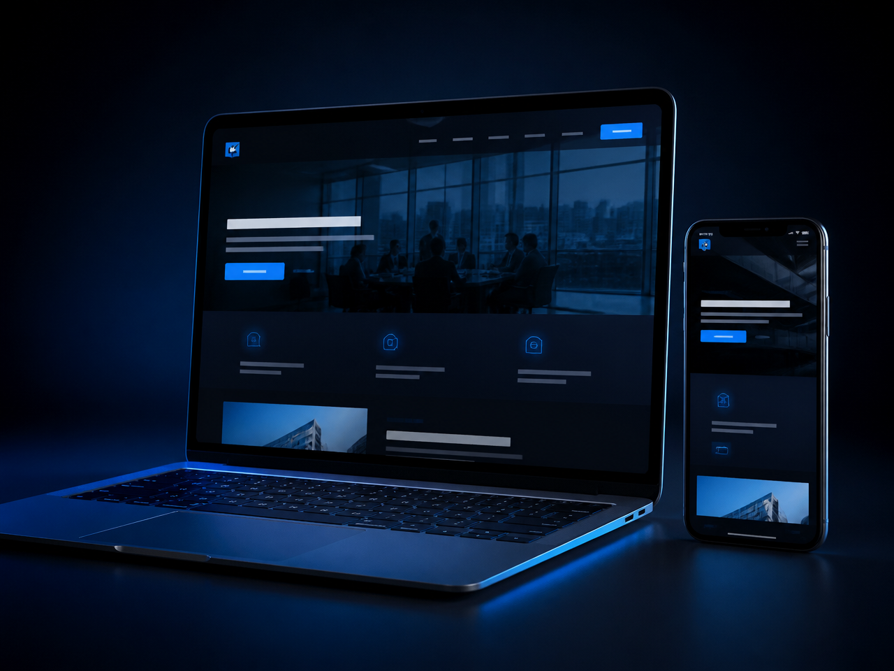 Notebook e smartphone exibindo exemplos de sites profissionais criados pela VOXIUM